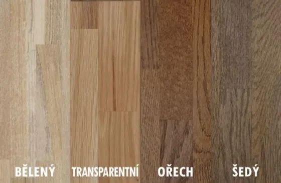 Vzorník dubového masivu ve čtyřech odstínech: bělený, transparentní, ořech a šedý.