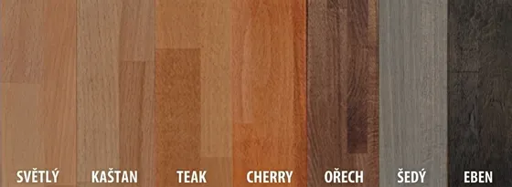 Vzorník jádrového buku v sedmi odstínech: světlý, kaštan, teak, cherry, ořech, šedý a eben.