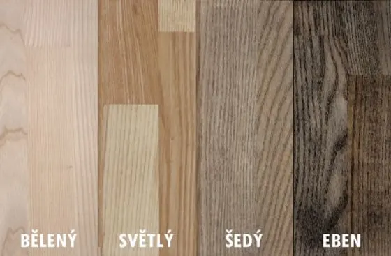Vzorník jasanového masivu ve čtyřech odstínech: bělený, světlý, šedý a eben.