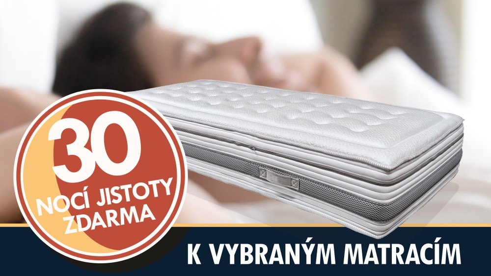 Banner nabídky 30 nocí jistoty zdarma k vybraným matracím, bílá matrace na rozmazaném pozadí spící ženy.